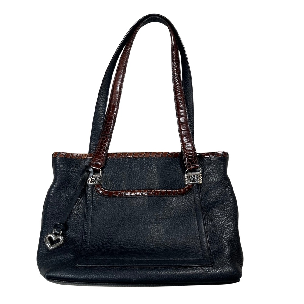Brighton Shoulder Bag Medium Black Brown Leather Croc Trim Heart Charm Classic